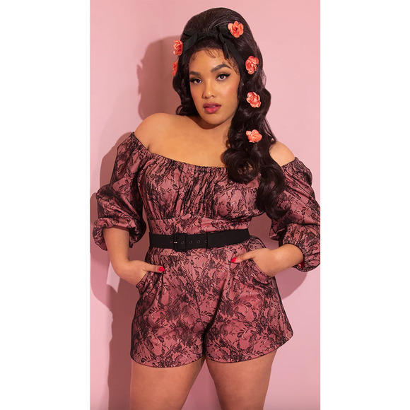 NWT Vixen by MICHELINE PITT Black Lace "Vacation Playsuit" Pin Up Romper XL - Picture 2 of 11